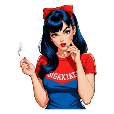 Sexy young pinup woman lighting up a cigarette she has long dark blue black hair with front bangs and she’s wearing a red t shirt  sticker