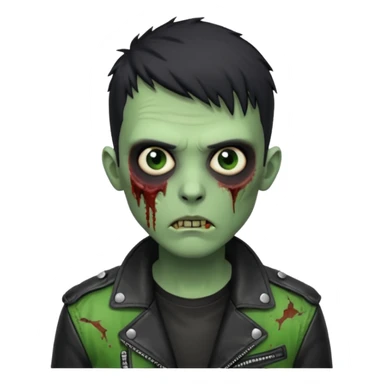 Hombre zombie de piel verde con chaqueta de cuero punk, pelo corto negro sticker