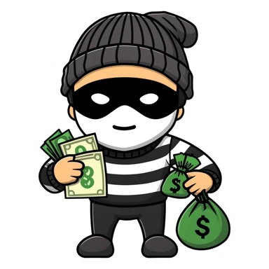 burglar wearing black and white striped shirt, black beanie, black mask over eyes, holding a moneybag sticker