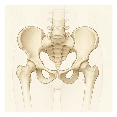An anatomical illustration of a rotated pelvis in a medical style with a neutral background. The pelvis is highlighted clearly, inspired by the reference image. sticker