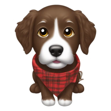 Chocolate brown colored doodle with a red and black flannel hankerchief holding a plush trout fish chew toy sticker