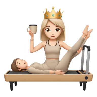 Cute sticker of a girl doing a Pilates stretch on a reformer while holding a cup of coffee in one hand. Wearing beige activewear and a small crown. Kawaii style, happy expression, vector, white outline, transparent background. sticker