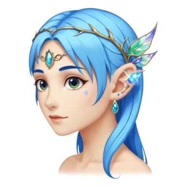 portrait of blue haired Elvish fae shiny sparkly iridescent translucent diaphanous ear climber ear cuff sticker