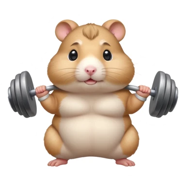 Cute cartoon-style chubby hamster standing upright, wearing a tiny sweatband, lifting oversized dumbbells with determined expression. Soft painterly shading, expressive eyes, white background, sticker-style illustration sticker