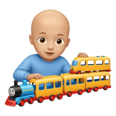bald child playing with both toy cars and trains sticker