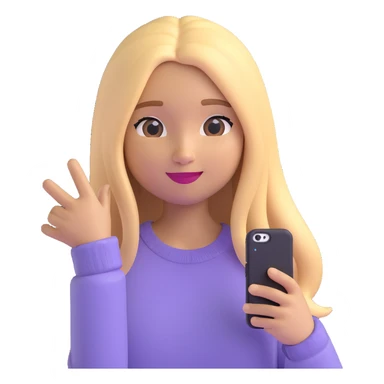 3D emoji style character with long straight blonde hair, light skin, soft expression, wearing a light sweater, selfie pose sticker
