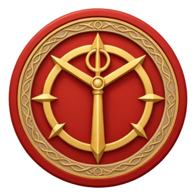 a circular casting sigil inspired by the wizard101 balance school using base color sand and trim color red. A golden scale in the middle as a focus  sticker