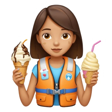 girl kid wearing lifejacket, holding ice cream sticker