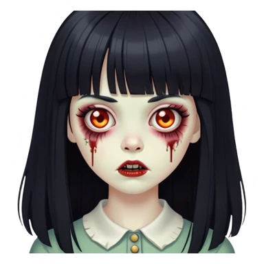 vintage zombie girl, long black straight hair with bangs sticker