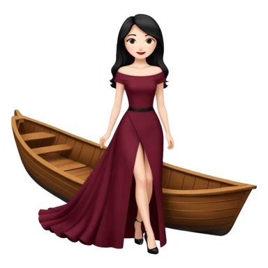 Chica blanca ,ojos marrones, vestido granate muy largo sexy escote barco,  cuerpo entero pelo negro y largo zapatos negros tacon sticker