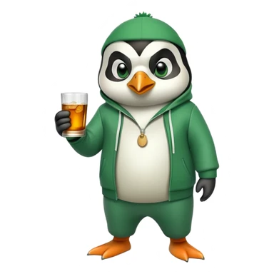 full body friendly anthropomorphised penguin wearing green mafia-style tracksuit, angry confident scheming stance, holding glass of whiskey sticker