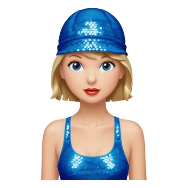 Taylor Swift wearing a one piece blue bathing suit with sparkly sequin straps. She is also wearing a sequin blue swim cap with a sequin strap going under her chin.  sticker
