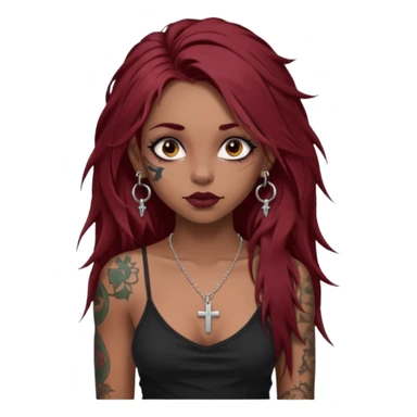 generate an ios genmoji of a dusky girl with long dark red messy hair with eyeliner on her eyes.  septum piercing, wearing a cami black top, has tattoos, on shoulders. ear piercings. wearing a cross silver necklace. carrying a big roll of fabric  sticker