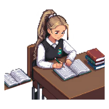 Girl with ponytail working on exam at desk with textbooks sticker