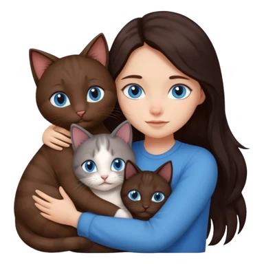 a girl with long dark 
brown hair, with blue eyes, hugs 3 different natural coloured cats sticker