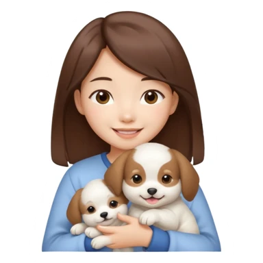a asian japanese girl with brown hair and no bangs. she is holding a cute white puppy sticker