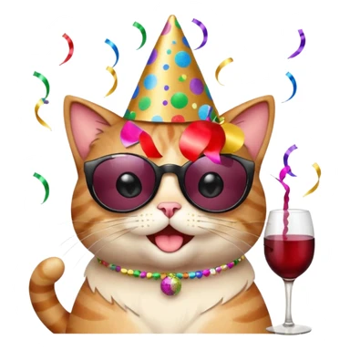 winking happy cat with a massive glittery birthday hat, black sunglasses, and a wine glass, surrounded by confetti and streamers, apple emoji style sticker