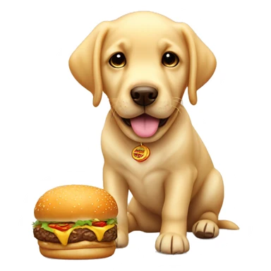 Cute golden Labrador puppy with a big burger sticker