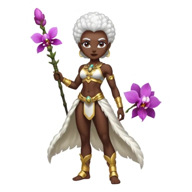 full body dark skin woman white hair afro muscular build orchid warrior spirit sticker