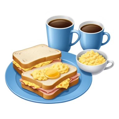 a blue breakfast plate, a sandwich with ham and scrambled eggs and a cup of white coffee sticker