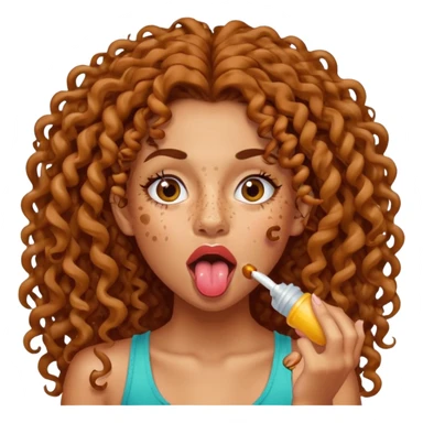 a mixed girl with long curly hair sticking her tongue out with spit sticker