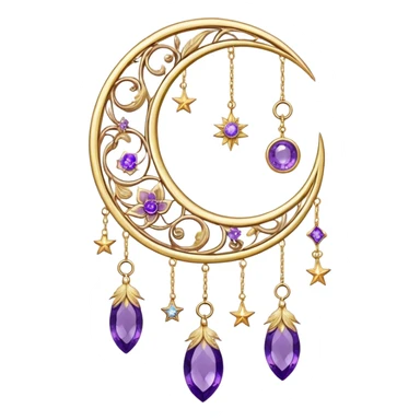 Epic beautiful gorgeous cute gold suncatcher, threads with shiny sparkly amethyst gemstones, flowers, crescents-moons, stars, gold Feathers  sticker