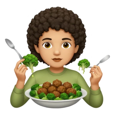 Grillo con capelli ricci scuri che mangia broccoli bolliti e polpette sticker