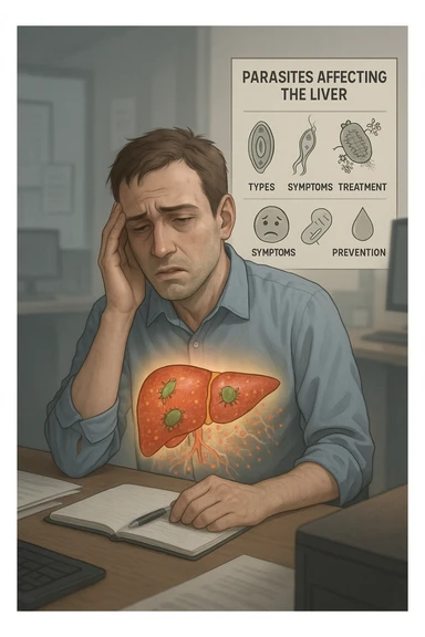 Man sitting at office desk experiencing subtle symptoms of liver dysfunction, upper abdominal pain, nausea, and unexplained fatigue Parasites: Types, Symptoms, Treatment & Prevention, expression of confusion about vague health issues, liver shown in transparent overlay with early inflammation, toxins beginning to accumulate in bloodstream, productivity declining as liver struggles to filter properly sticker