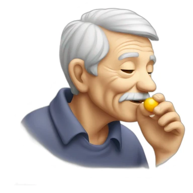 an old person smelling a scent bead sticker