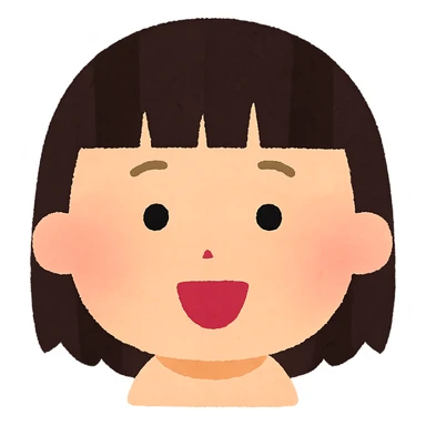 Irasutoya style head, round face, soft colors, simple features, cheerful expression, straight hair with bangs, no neck sticker