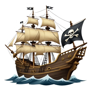An icon representing an adventure game, inspired by high-seas exploration. The design features a fearless pirate gripping the wheel of a grand sailing ship, its tattered Jolly Roger flag billowing as it cuts through stormy waters. The scene evokes danger, treasure, and the thrill of the open sea. Transparent background. sticker