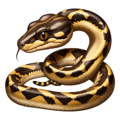 A photo-realistic digital illustration of a Ball Python, large headshot portrait. The snake has a short, rounded snout, smooth contours, and a calm, curious expression. Its head is warm brown with bold, irregular dark markings, including the signature “alien-head” pattern.  sticker