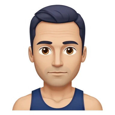 Youthful-looking athletic 40-year-old man with light brown skin, elongated face, defined jawline, attractive features, medium dark eyes, arched eyebrows, straight nose, confident expression, medium wavy dark hair with modern style, wearing a navy blue tank top sticker