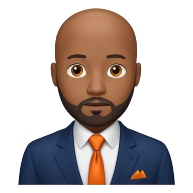 headshot of a sophisticated, stylish, bald head Caribbean black man with a beard and goatee in a navy blue suite, white shirt and dark orange tie with small eyes sticker
