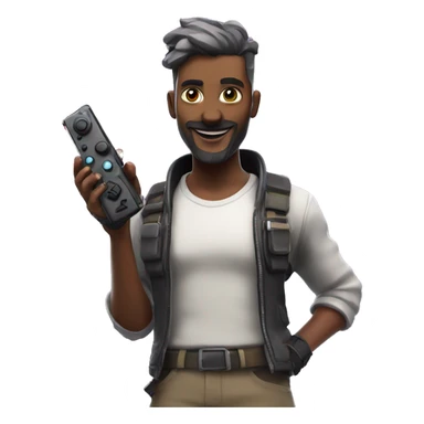 Futuristic fortnite background with a person in their 40s with a game controller sticker