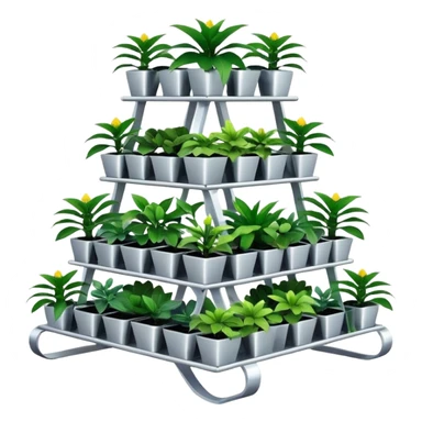 Very Large alien-futuristic multi-tier multi-level square-sided plant rack, which holds thirty-five plants, constructed from plywood sticker
