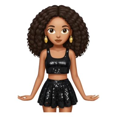 Solange with dark brown long hair, black sequin crop top and skirt sticker