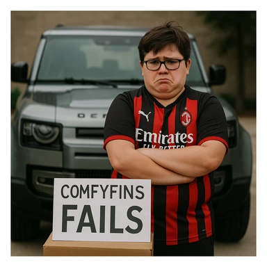 A slightly overweight child entrepreneur with glasses, wearing an AC Milan jersey, standing before a Land Rover Defender, appearing upset as his company 'ComfyFins' fails sticker