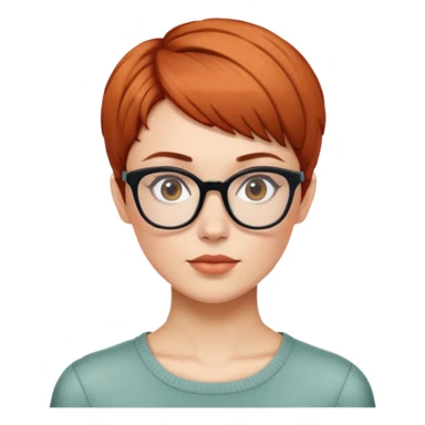 woman with auburn pixie cut (side part), rectangular glasses, neutral expression sticker