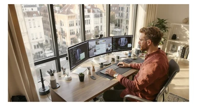 Cinematic shot of a creative director work on tripple display setup PC, top dutch angle, Warm bright vibe, modern clean expensive huge room minimalistic apartament, model is dress like designer, morning, big window, captured on arri alexa sticker