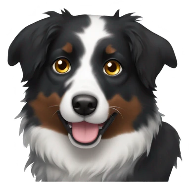 Small black australian shepherd dog with dark brown eyes and black face sticker