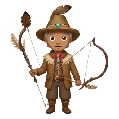 The classic image of a middle-aged uncle hunter carrying a bow, dressed in brown clothes, with some ornaments made of feathers, bones or teeth on his body. sticker
