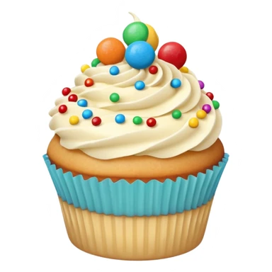 a soft vanilla cupcake with creamy frosting, decorated with scattered small, round, brightly colored candy-coated chocolates on top sticker
