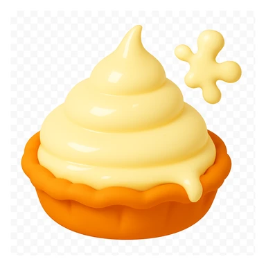 Add a small cream splatter in the top right corner, matching the smooth, rounded style and lighting of the other pie splatter designs. Keep the playful 3D emoji style, golden brown crust, and transparent background. The main cream part and drip should remain intact. sticker