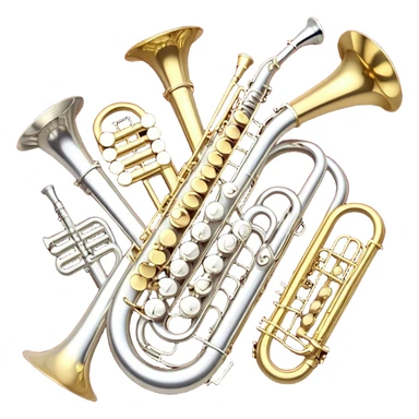 Create a festive and elegant emoji collage featuring a bouquet or fan of bells of wind instrument  (trumpets, saxophones, trombones, tubes, etc.) arranged in a radiant, symmetrical pattern. The instruments should have polished, golden and silver finishes, with their large, shiny bells forming a beautiful, fan-like display. Include a flowing ribbon of musical notes swirling through the center, conveying movement and melody. The background should feature a deep red velvet texture, adding a touch of luxury and sophistication. The overall composition should be balanced, with an elegant and regal feel, with a transparent background to keep focus on the instruments and musical elements. sticker