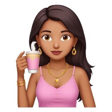 a pretty fair indian bratz girl with a pink cami top, drinking takeaway coffee, golden dainty necklace sticker