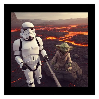 Camera POV, Starwars stormtroopers vlogging selfie, he is walking on lava planet with yoda sticker