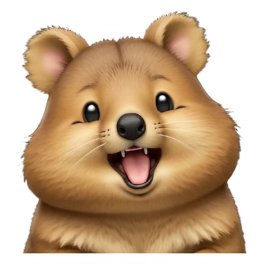 cinematic-realistic  yawning quokka-emoji,-small-round-frame, head tilted in an endearing manner, wouth wide open yawning, sleepy comical smile, round cheeks, giant-fluffy-cheeks-large-smile-fluffy-brown-fur-radiating-a-warm-softness,-big-round-eyes-filled-with-joy, realistic round  fluffy zoomed in, large black eyes one paw raised in the air sticker