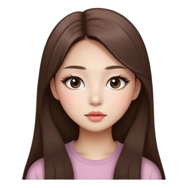 “korean straight long brown hair Emoji girl, soft eyeliner and blush, gradient lips, light brown shimmer eyeshadow sticker