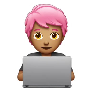 man with pink hair at a laptop sticker